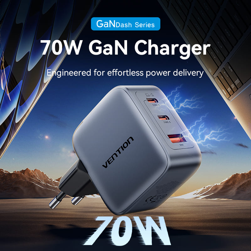 Vention 3-Port USB (C+C+A) GaN Charger (70W/70W/22.5W) EU-Plug、mySite、fannypackpong