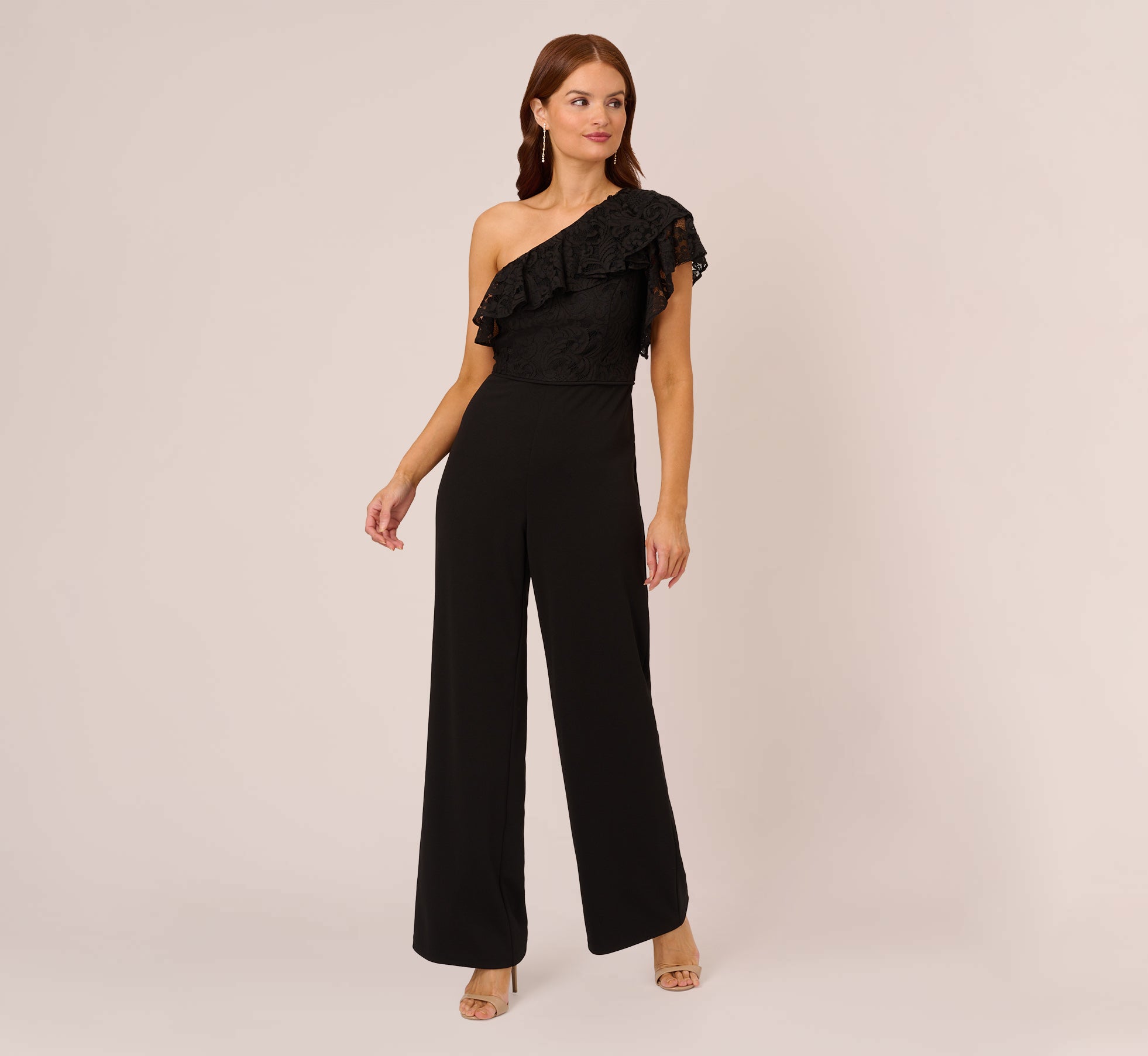 One Shoulder Crepe Jumpsuit With Lace Ruffle Details In Black、mySite、solidvoid
