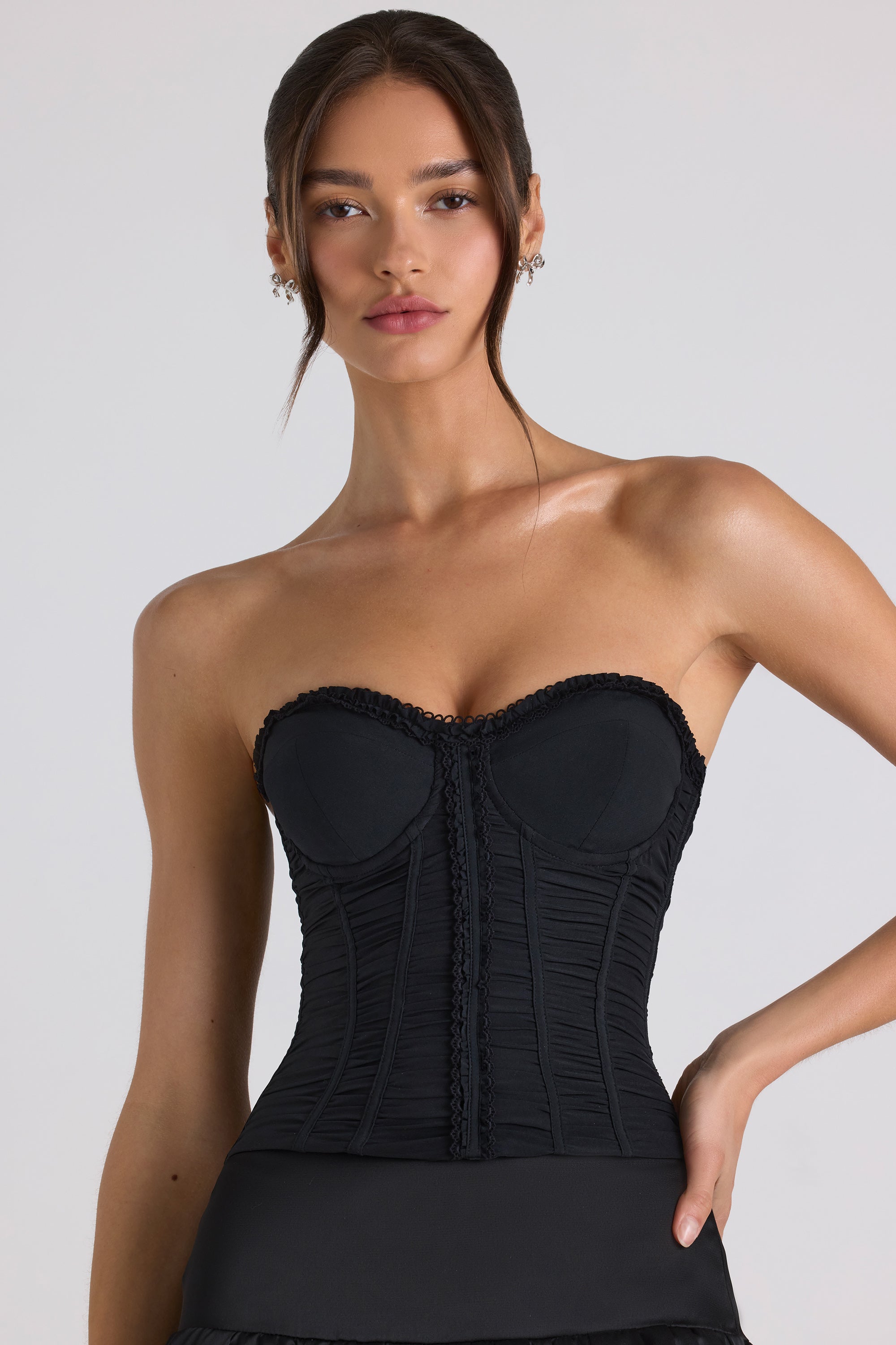 Ruched Lace-Up Strapless Corset Top in Black、mySite、solidvoid