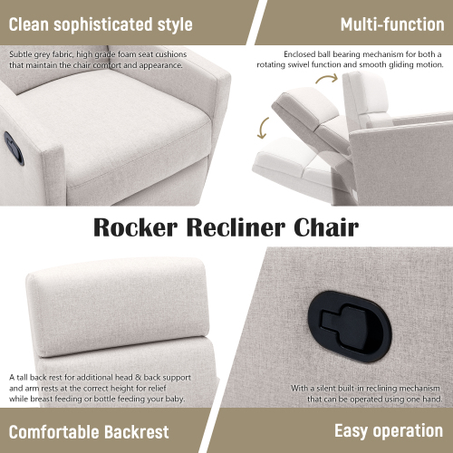 Modern Upholstered Rocker Nursery Chair Plush Seating Glider Swivel Recliner Chair, Gray、、casual
