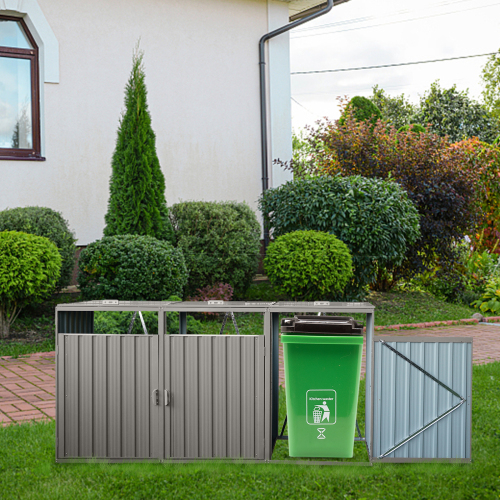 Garbage Bin Shed Stores 3 Trash Cans Metal Outdoor Bin Shed for Garbage Storage,Stainless Galvanized Steel, Bin Shed for Garden Yard Lawn,Grey、、eastwooduniform