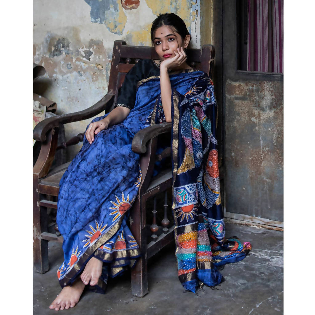 Festive Wear | Maheshwari Cotton Silk Batik Saree | Dark Blue、mySite、camillekostekn