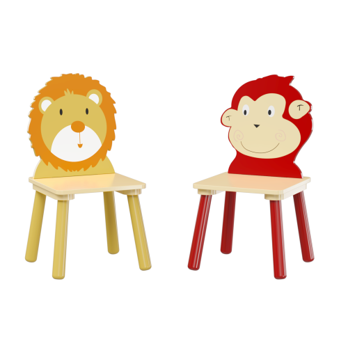 Kids Table and 2 Chairs Set, 3 Pieces Toddler Table and Chair Set, Wooden Activity Play Table Set (Lion&Monkey)、、casual
