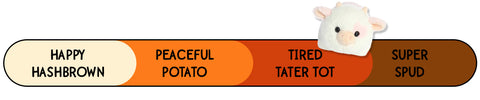 A Spudsters cow plush by Aurora that is placed at tired tater tot on the spud-o-meter