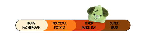 A Spudsters zombie dog plush by Aurora that is placed at tired tater tot on the spud-o-meter