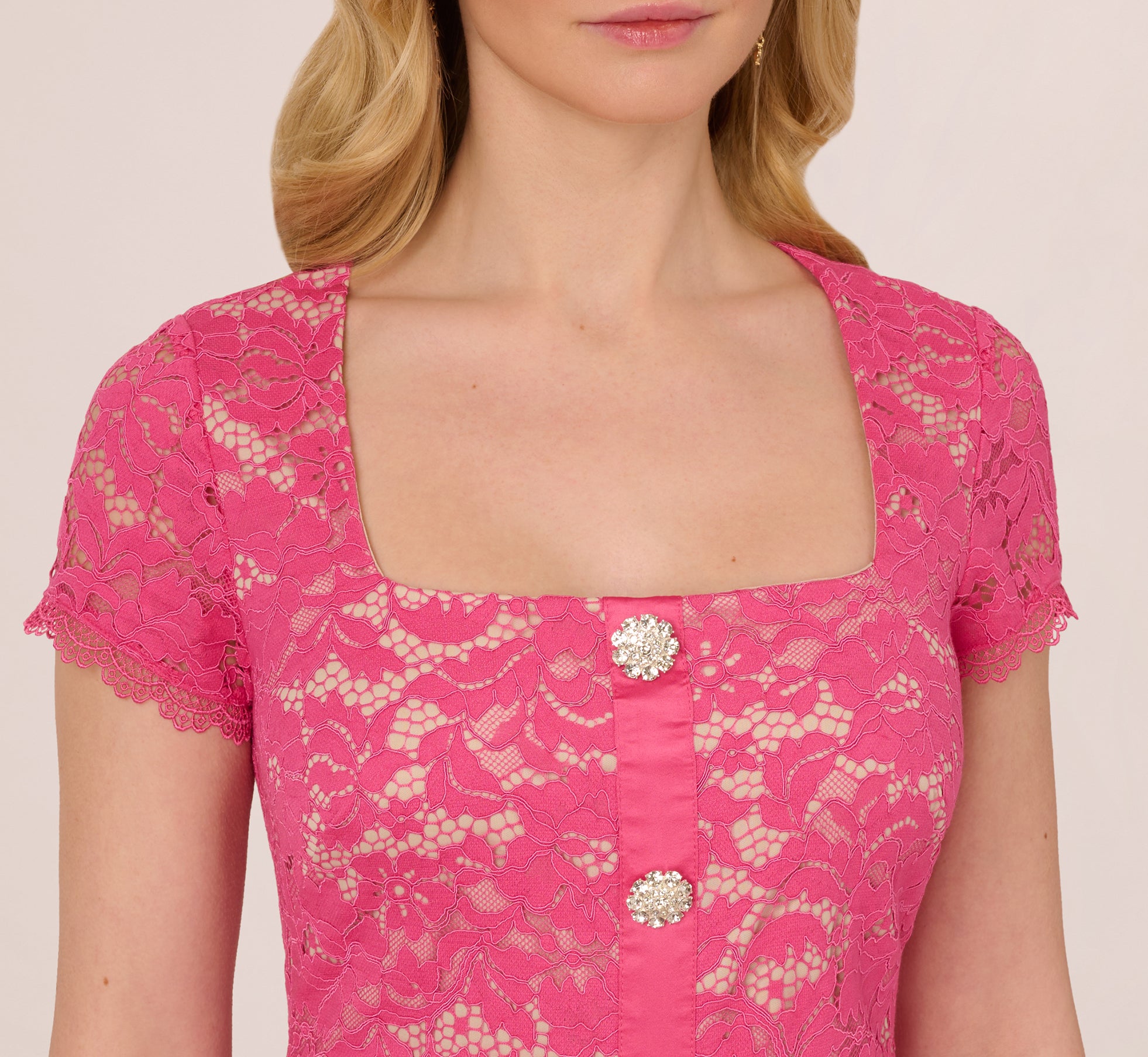 Cap Sleeve Rhinestone Button Lace Short Dress In Petunia、mySite、solidvoid