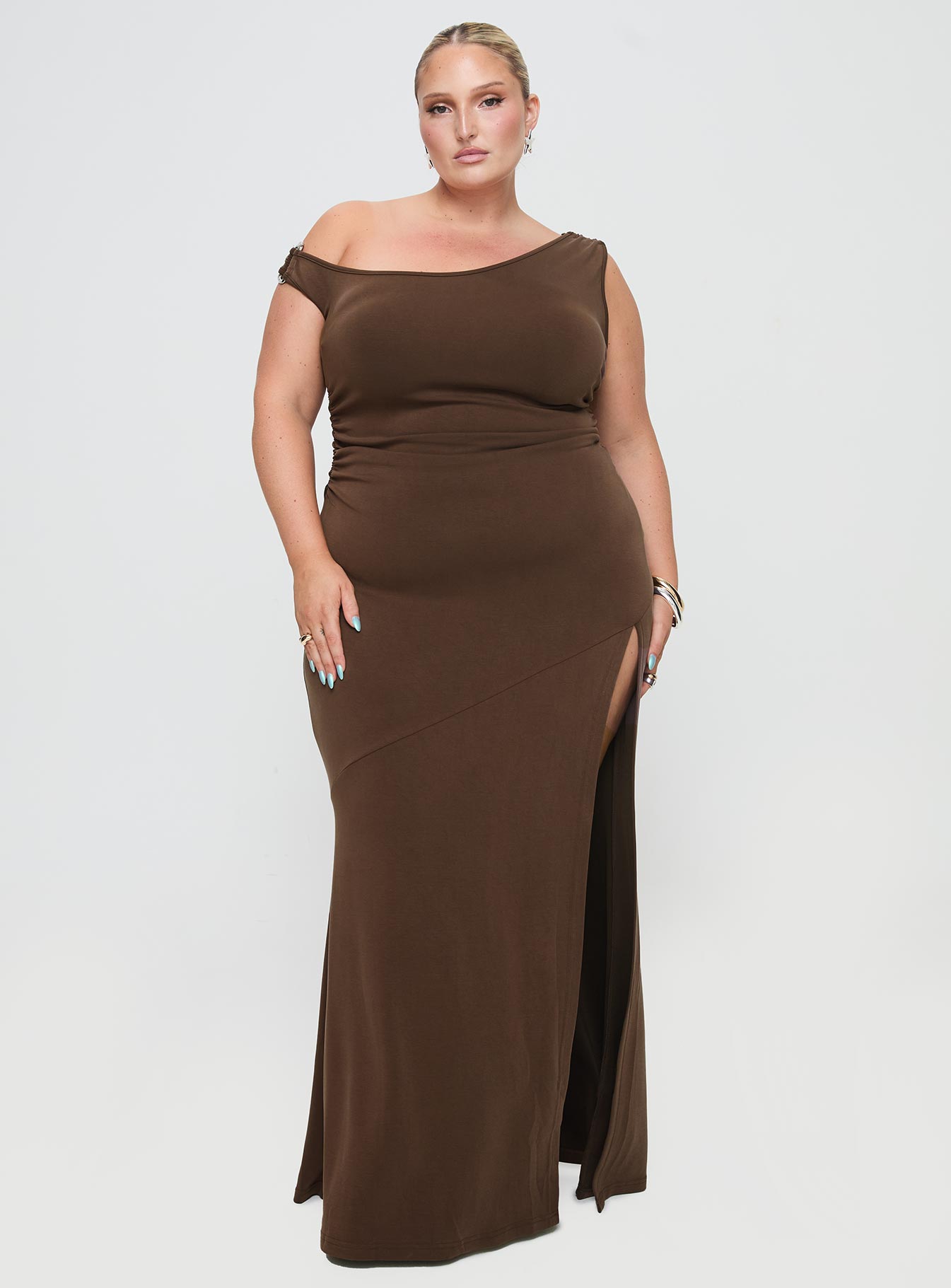 Rios One Shoulder Maxi Dress Brown Curve、mySite、solidvoid