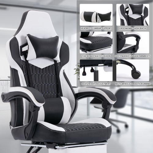 Gaming Chair with Footrest, High Back Gaming Chairs PVC Leather Ergonomic Office Gamer Chair Headrest Lumbar Support Racing Style Video Gaming Chair (Black White)、、casual