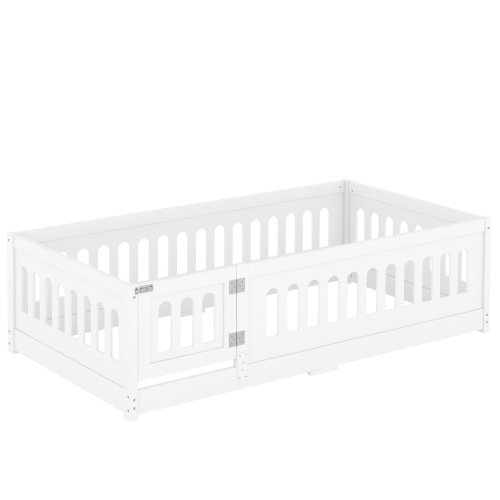 Twin Size Floor Bed with Heightened Safety Guardrails and Door, Solid Wood Bedframe with Rails for Girls, Boys, Teens, Child Bedroom, Kids Playroom, No Slats Included, White、、casual