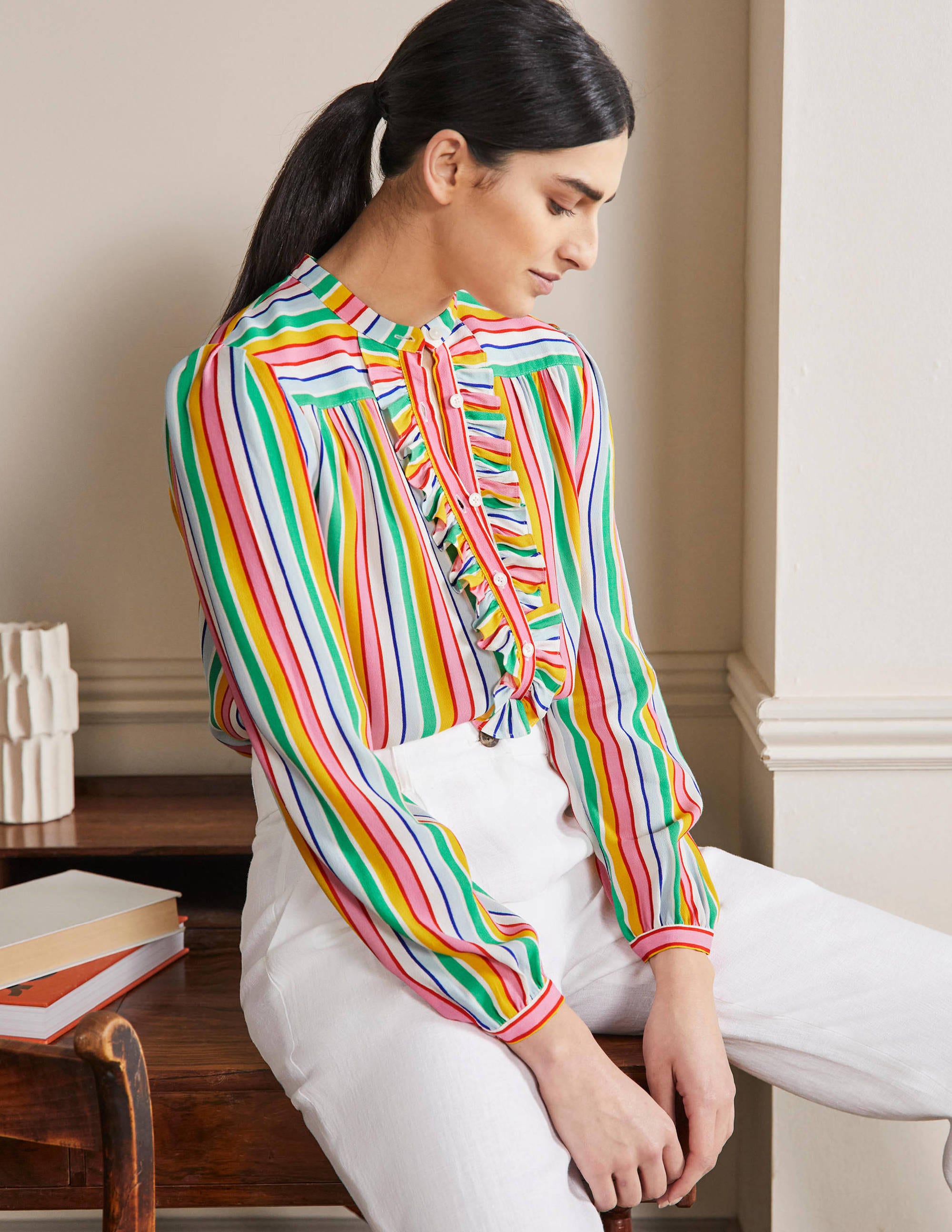  Ruffle Popover Blouse-Rainbow Multistripe、mySite、ashleygrahame