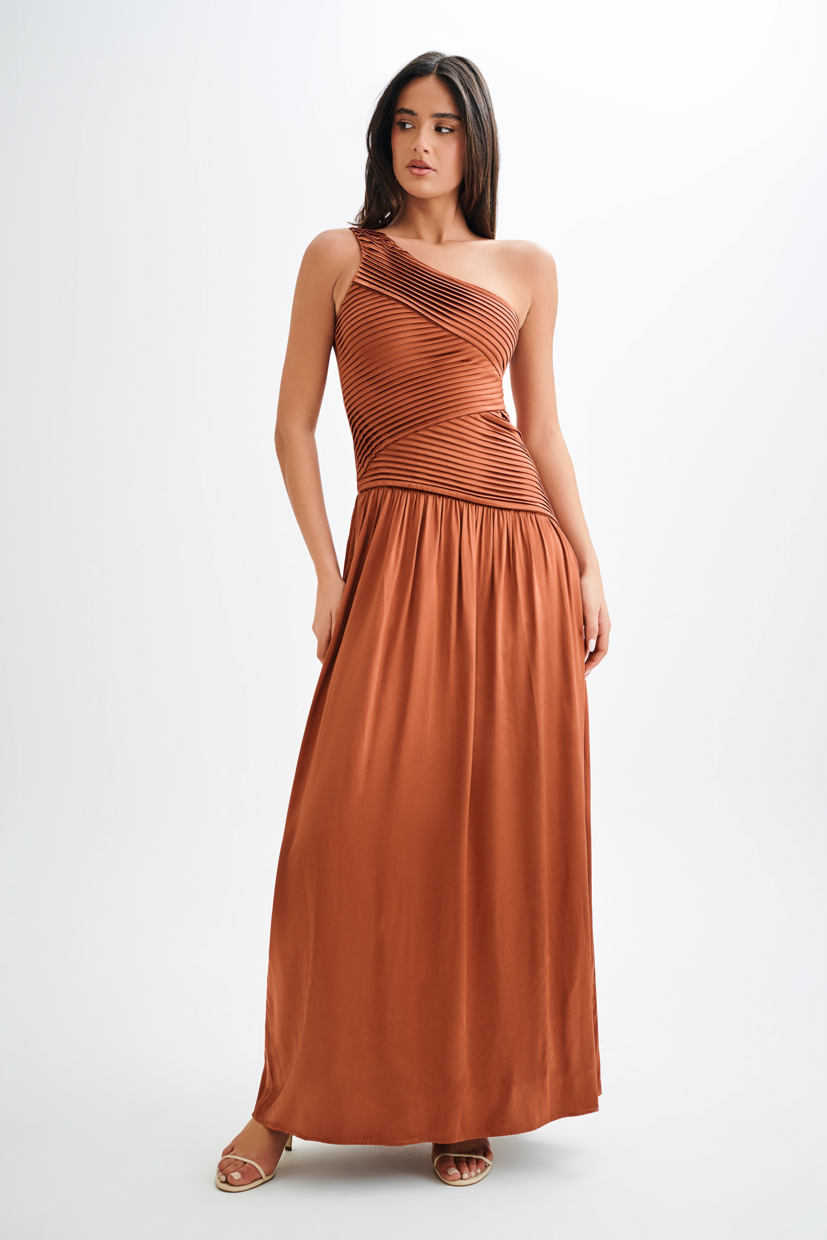 Jenna One Shoulder Pleated Maxi Dress - Wood、mySite、solidvoid