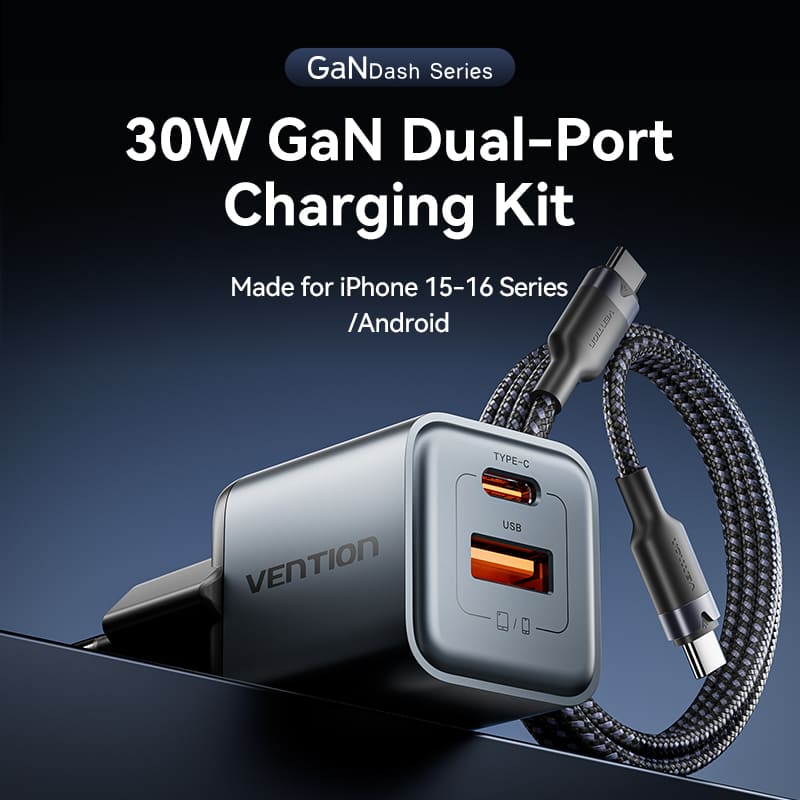 Vention 2-Port USB (C + A) GaN Charger (30W/18W) Gray with USB-C to USB-C Cable (1M) Black EU-Plug、mySite、fannypackpong