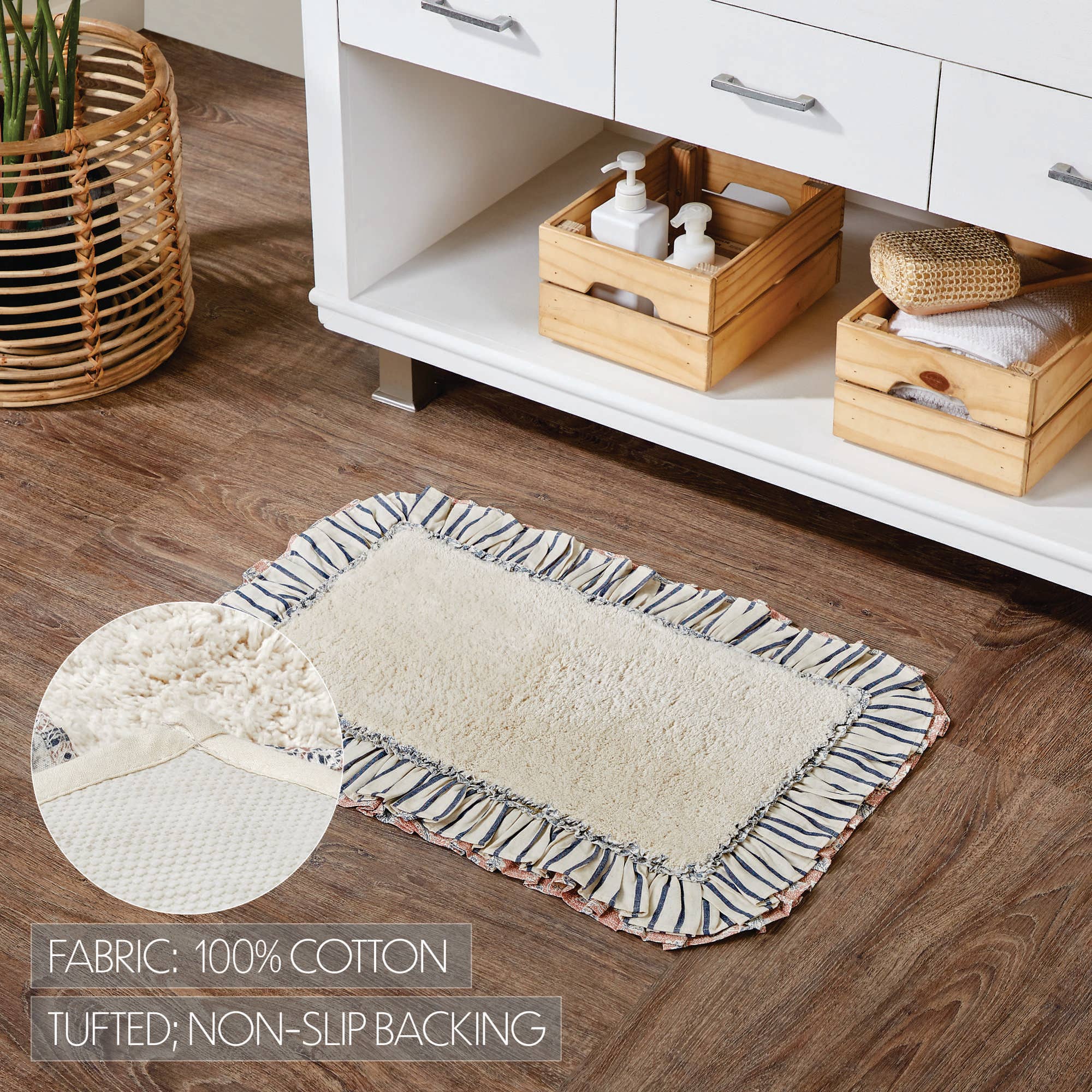 Kaila Ruffled Ticking Cream and Blue Country Farmhouse Bathmat、mySite、g9winljtr