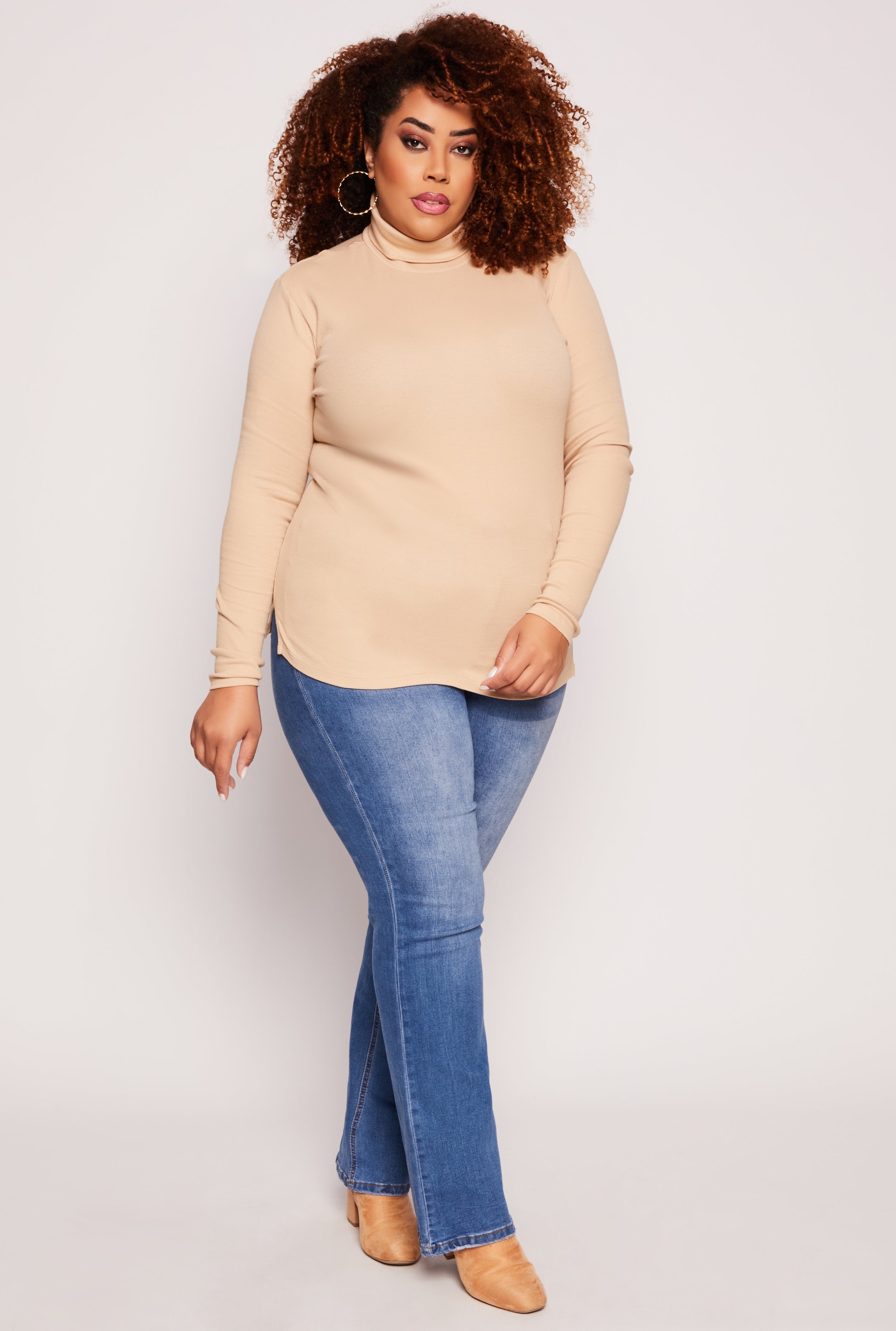 Plus Size Ribbed Knit Long Sleeve Turtleneck Top、mySite、camillekostekn