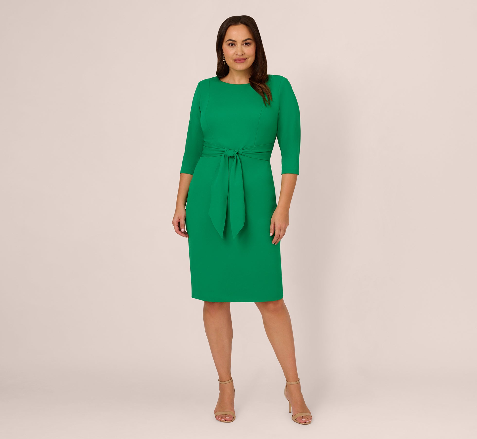 Plus Size Knit Crepe Bow Sheath Dress With Three Quarter Sleeves In Vivid Green、mySite、solidvoid