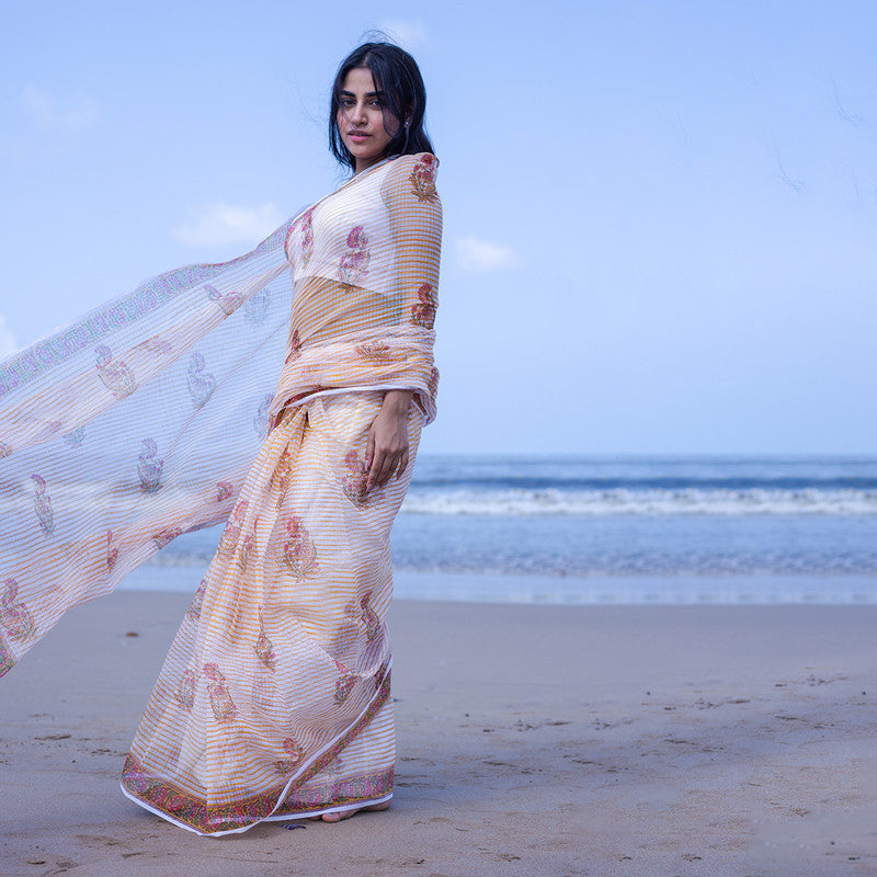 Kota Handblock Printed Saree | Mogra | White & Orange、mySite、camillekostekn