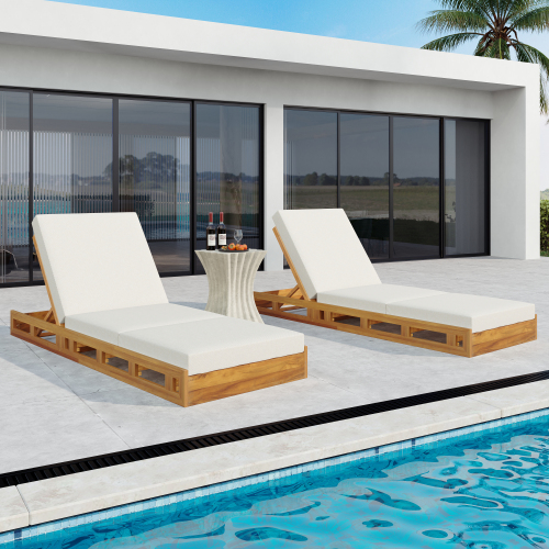 LOUNGE CHAISE SET, ACACIA WOOD WITH WATER-RESISTANT LOUNGE CUSHIONS (CREAM & 4 INCH THICK) - MATCHING DARK GREY VERSION AVAILABLE、、eastwooduniform