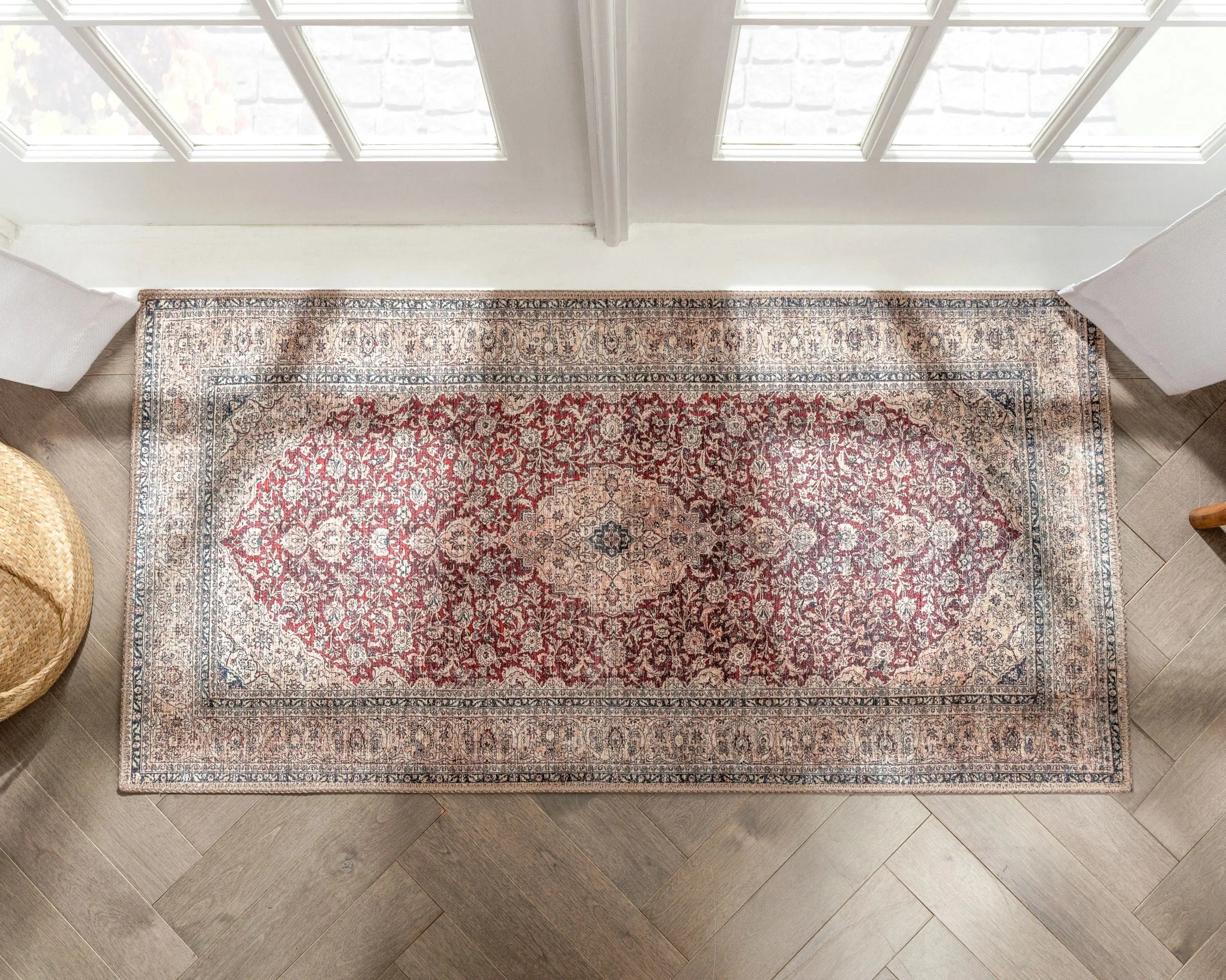 Tonti Machine Washable Vintage Medallion Oriental Red Flat-Weave Distressed Rug、mySite、gigharbornorthrealestate
