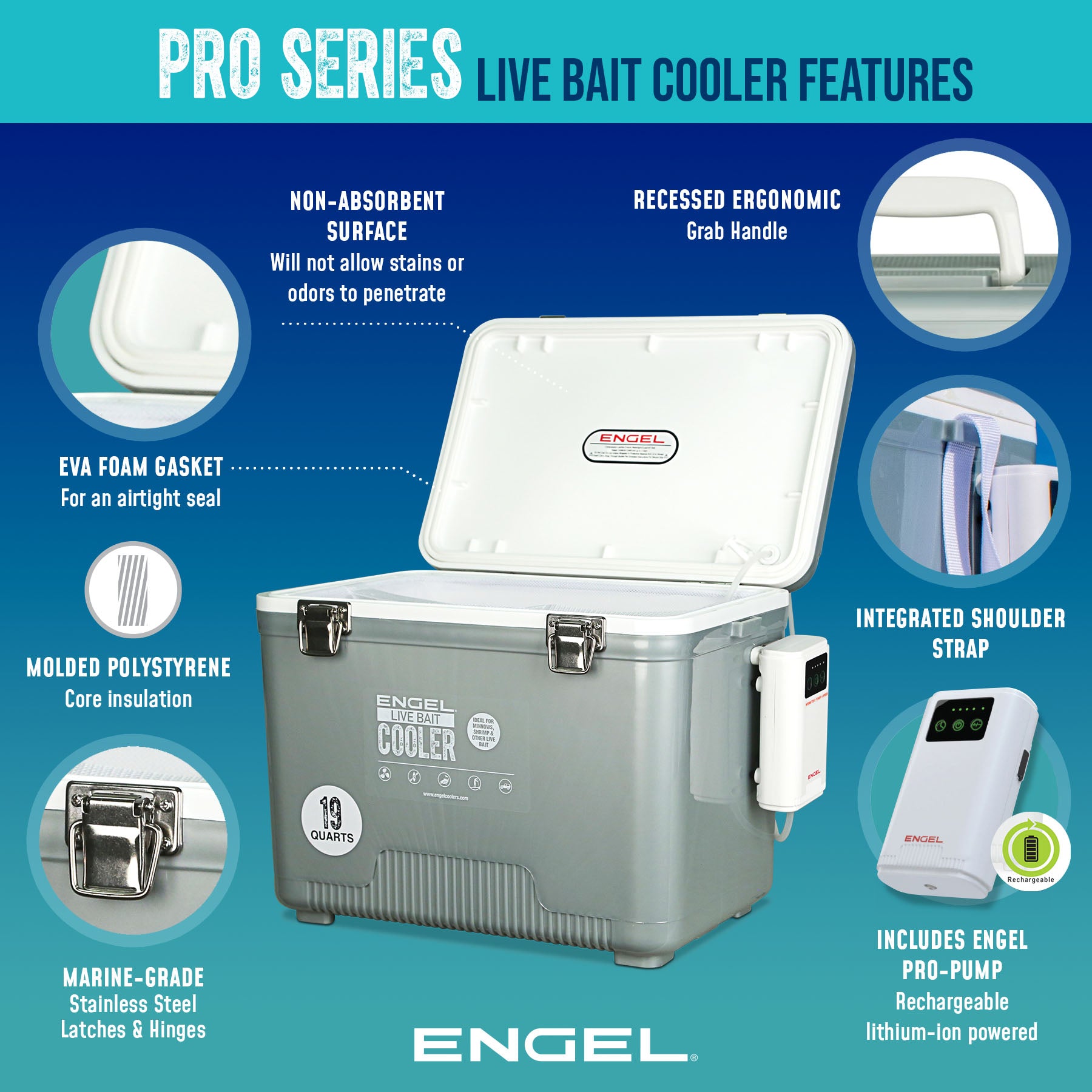 Engel 13Qt Live bait Pro Cooler with AP3 Rechargeable Aerator & Stainless Hardware、mySite、noshort