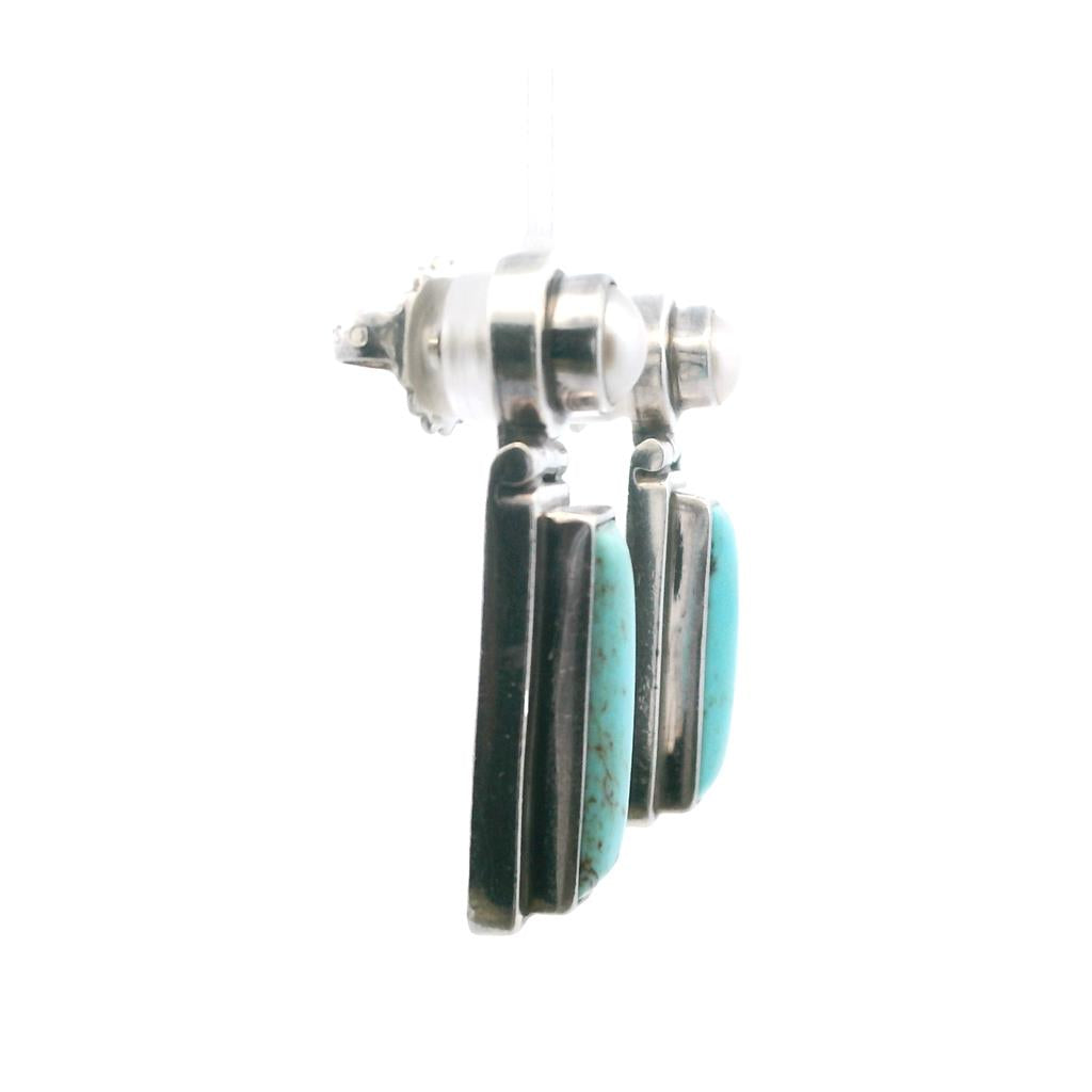  Estate Sterling Silver Treated Turquoise & Cultured Pearl Drop Earrings