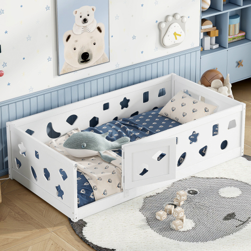 Twin Size Floor Bed with Heightened Safety Guardrails and Door, Solid Wood Bedframe with Rails for Girls, Boys, Teens, Child Bedroom, Kids Playroom, No Slats Included, White、、casual