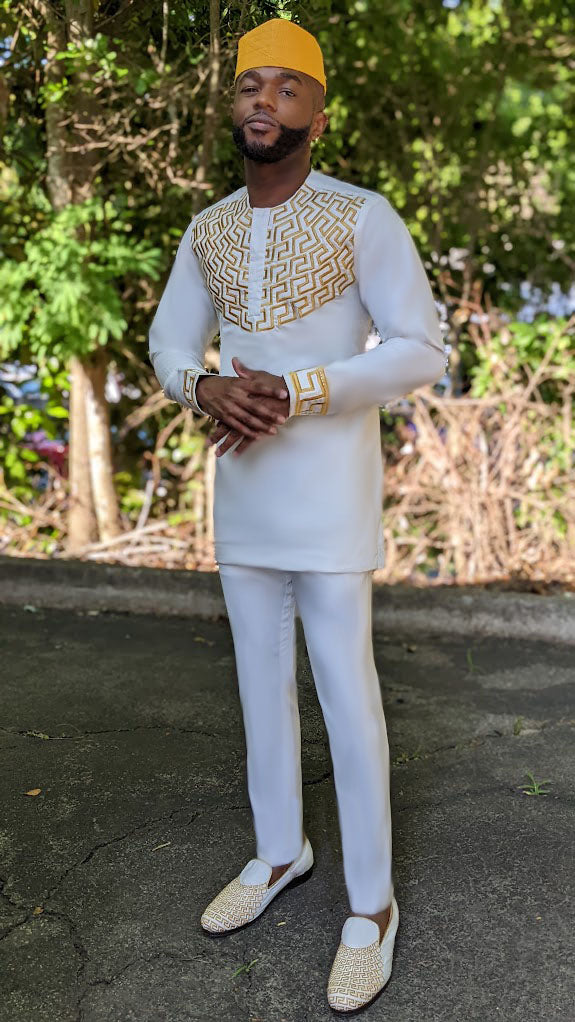 Siddiq African Senator Ivory-White Kaftan Suit with Gold Meander Embroidery-DPXVSS5、mySite、solidvoid