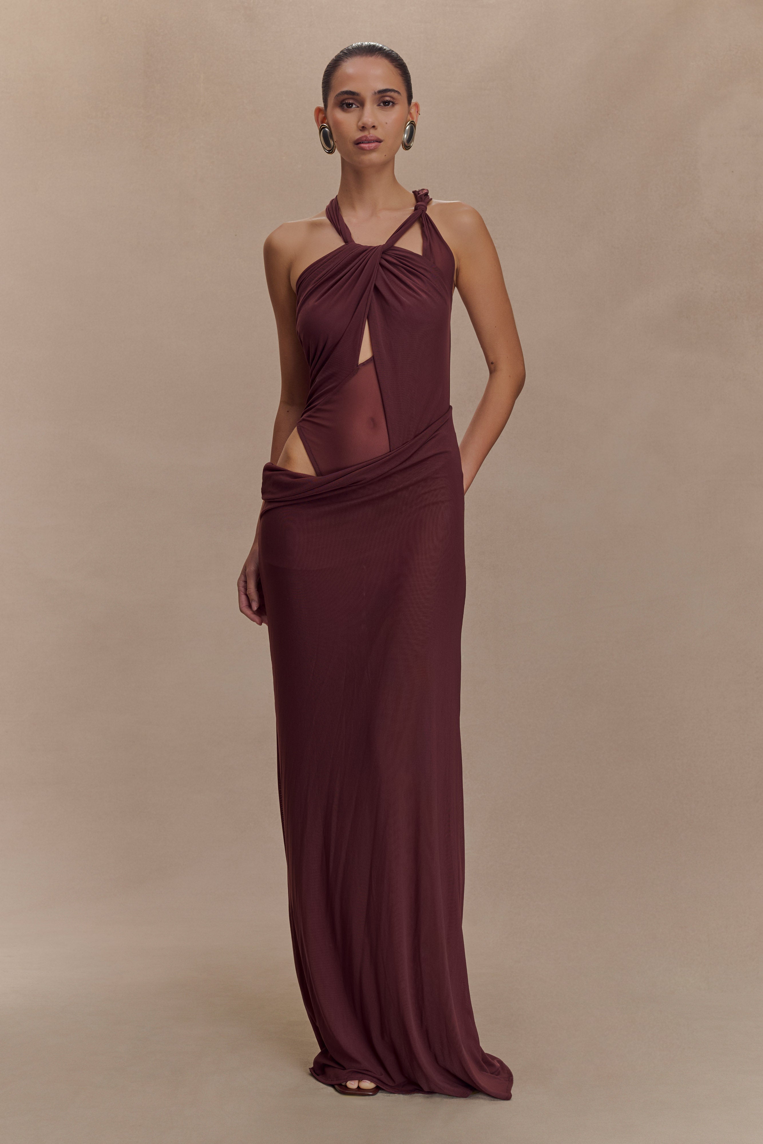 Edwina Knotted Mesh Maxi Dress - Mahogany、mySite、solidvoid