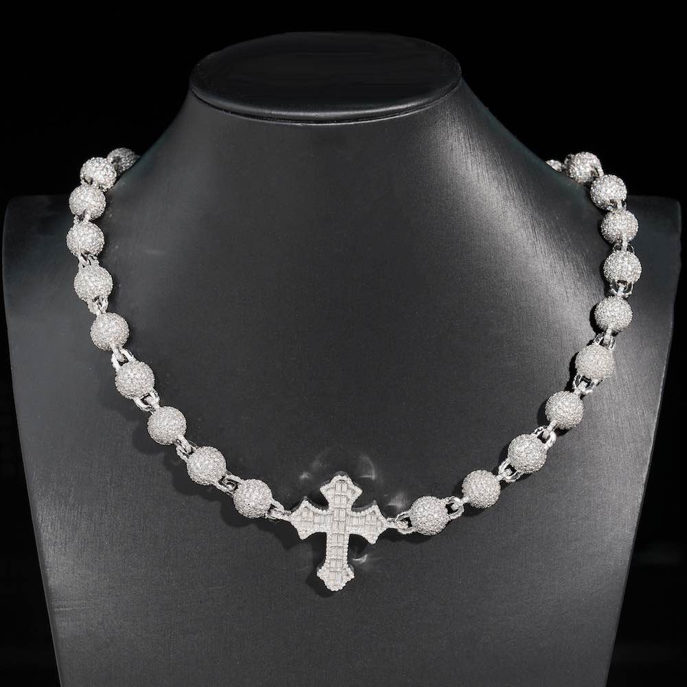 10MM Moissanite Baguette Cross Beads Link Chain 14k Gold、mySite、hinf8tx79