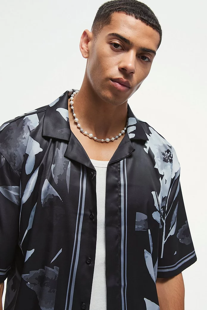  Boohooman Boxy Printed Satin Revere Short Sleeve Shirt Black、mySite、justintrudeaud
