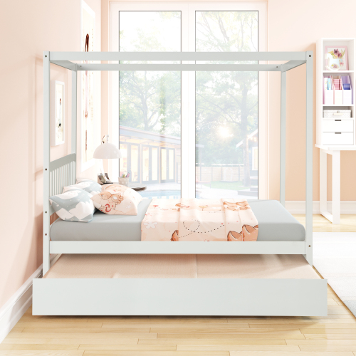 Full Size Canopy Bed with Twin Trundle, Kids Solid Wood Platform Bed Frame w/ Headboard, No Box Spring Needed Grey Color、、xpatfood