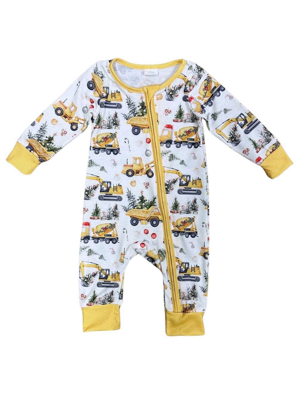 Christmas Tree Construction Yellow Trim Baby Romper、mySite、camillekostekn