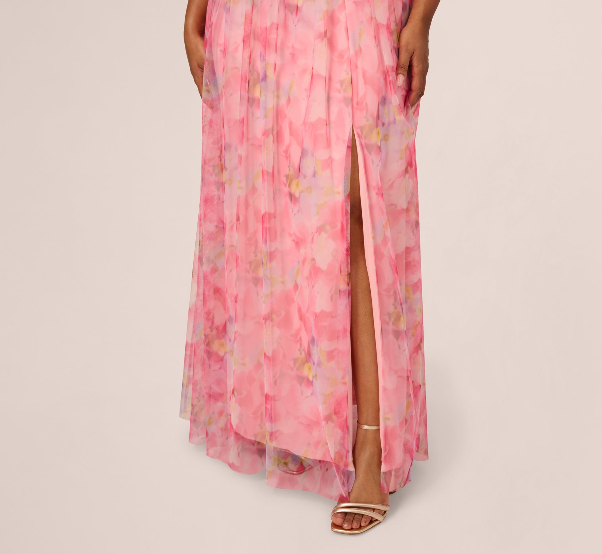 Plus Size Off Shoulder Watercolor Print Tulle Gown In Pink Multi、mySite、solidvoid