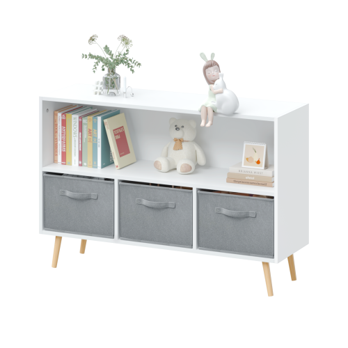 Kids bookcase with Collapsible Fabric Drawers, Children's Book Display, Toy Storage Cabinet Organizer, White/Gray、、casual