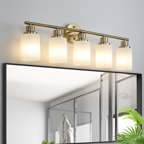 31" Modern 5-Light Vanity Wall Sconce, Golden Finish with Frosted Glass Shades for Bathroom or Hallway Lighting (No Bulbs)、、eastwooduniform
