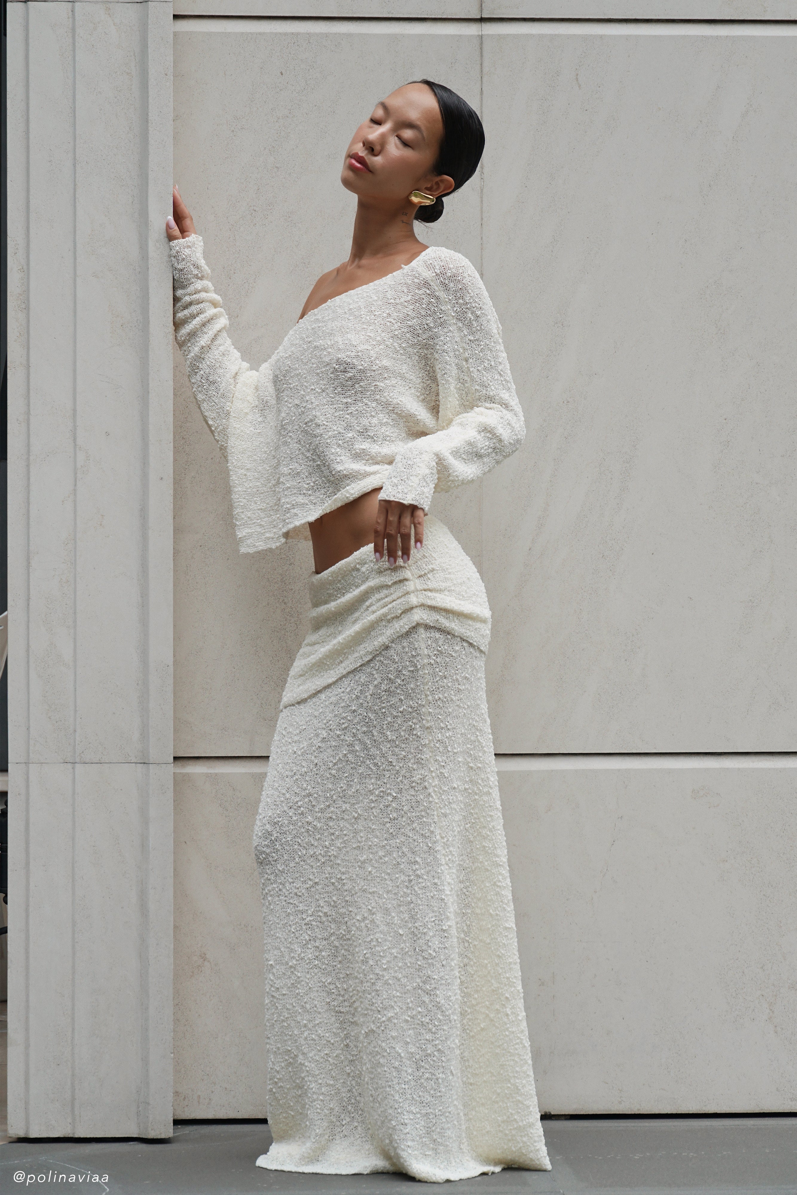 Petra Ruched Knit Maxi Skirt - Ivory、mySite、solidvoid