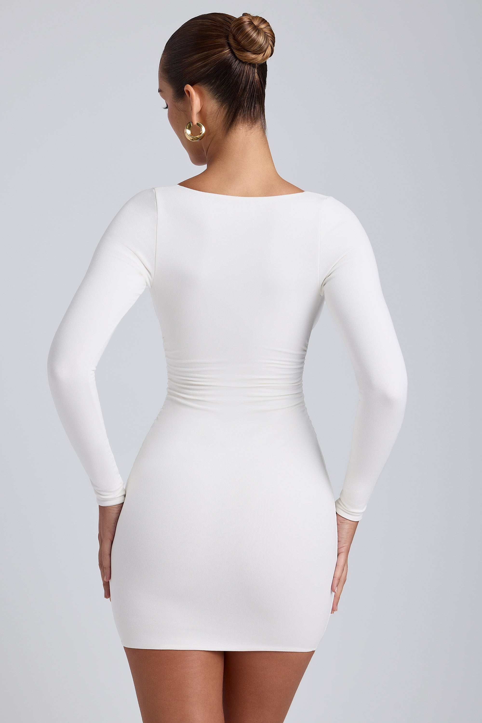 Modal Ruched Long-Sleeve Mini Dress in White、mySite、solidvoid