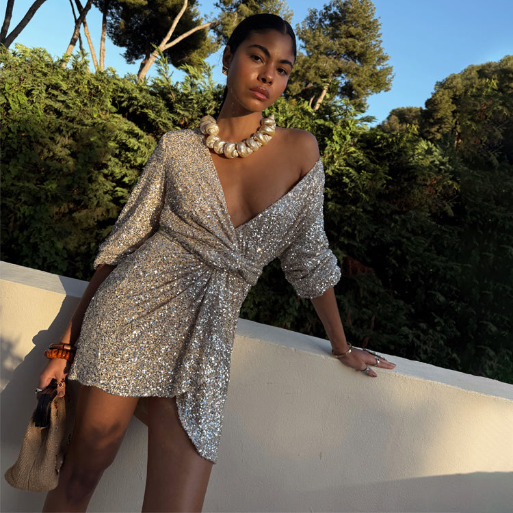 Silver Sequin Mini Vienna Wrap Dress、mySite、solidvoid