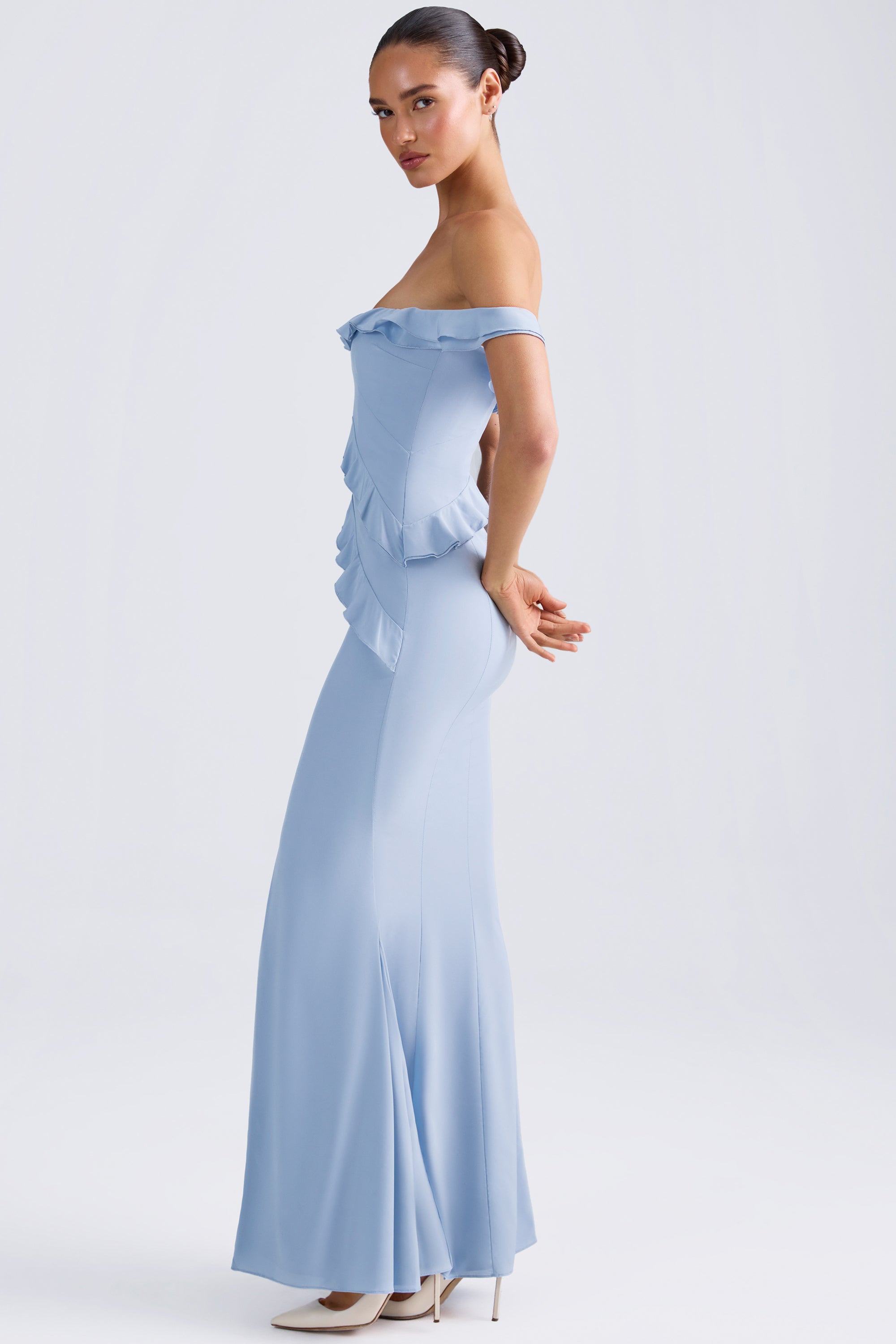 Off-Shoulder Ruffle-Trim Gown in Light Blue、mySite、solidvoid