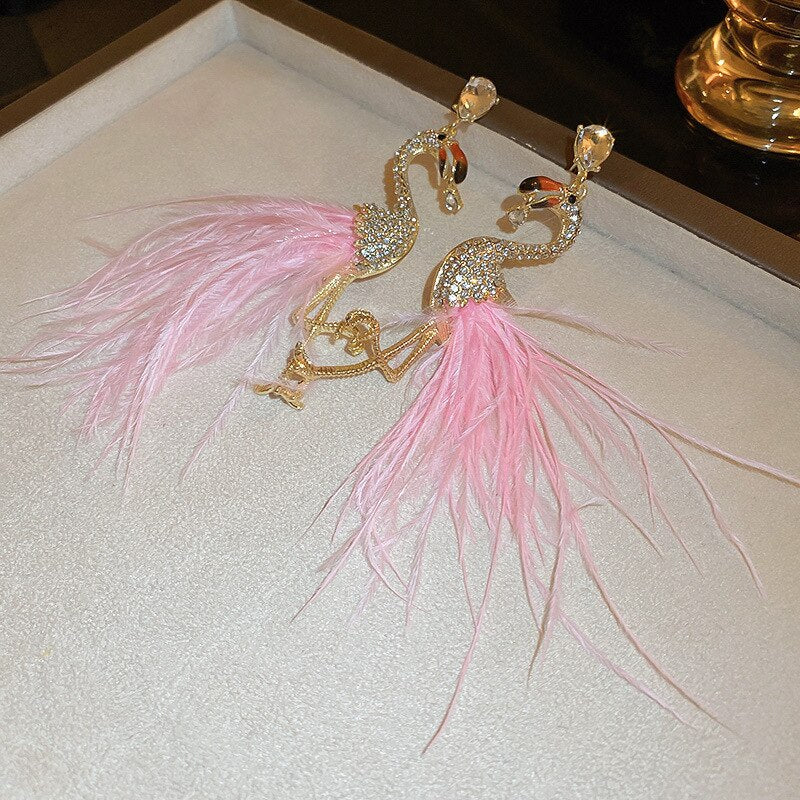  Pink Feather Flamingo Long Drop Earrings、mySite、merchandisen
