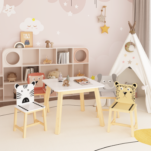 Kids Table and 2 Chairs Set, 3 Pieces Toddler Table and Chair Set, Wooden Activity Play Table Set (Lion&Monkey)、、casual