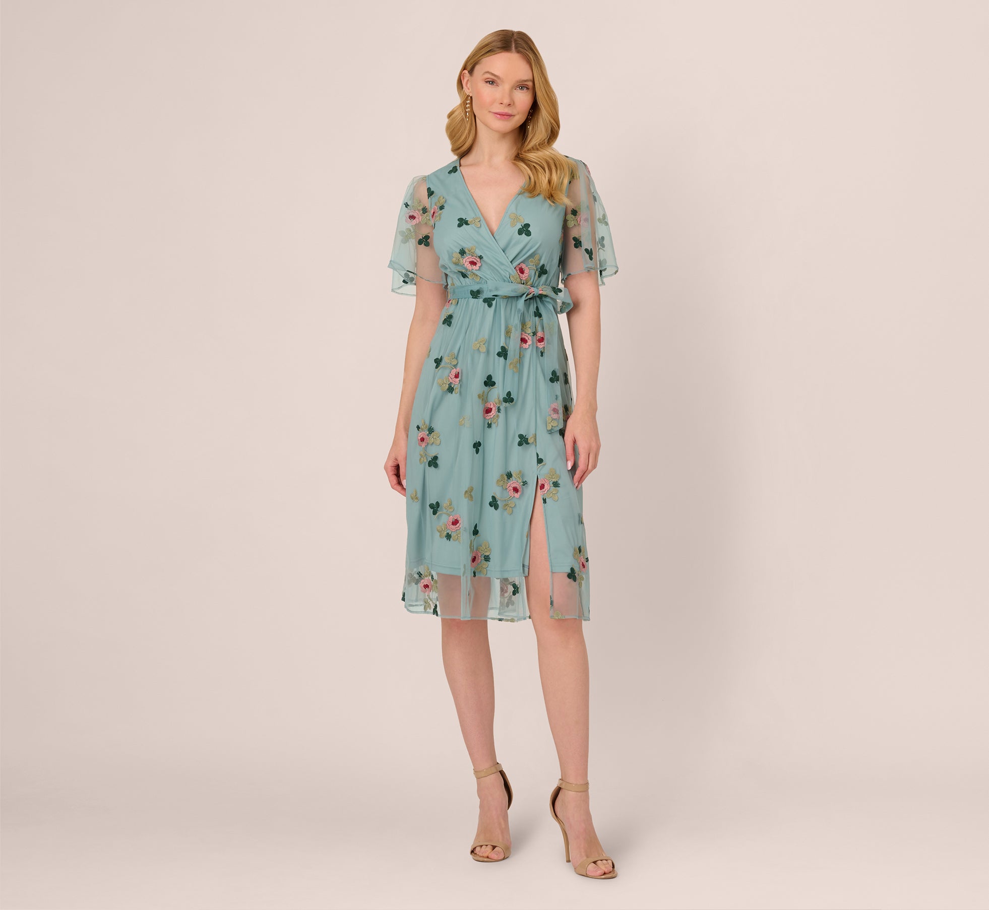 Flutter Sleeve Surplice Embroidered Midi Dress In Slate Multi、mySite、solidvoid