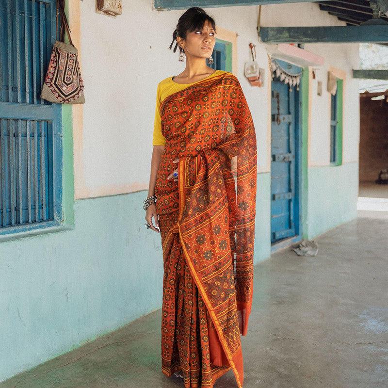 Handblock Mul Cotton Ajrakh Printed Saree | Orange、mySite、camillekostekn
