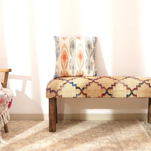 Decorative Jute Fabric Upholstered Multicolor Bench-45X14X18"、、xpatfood