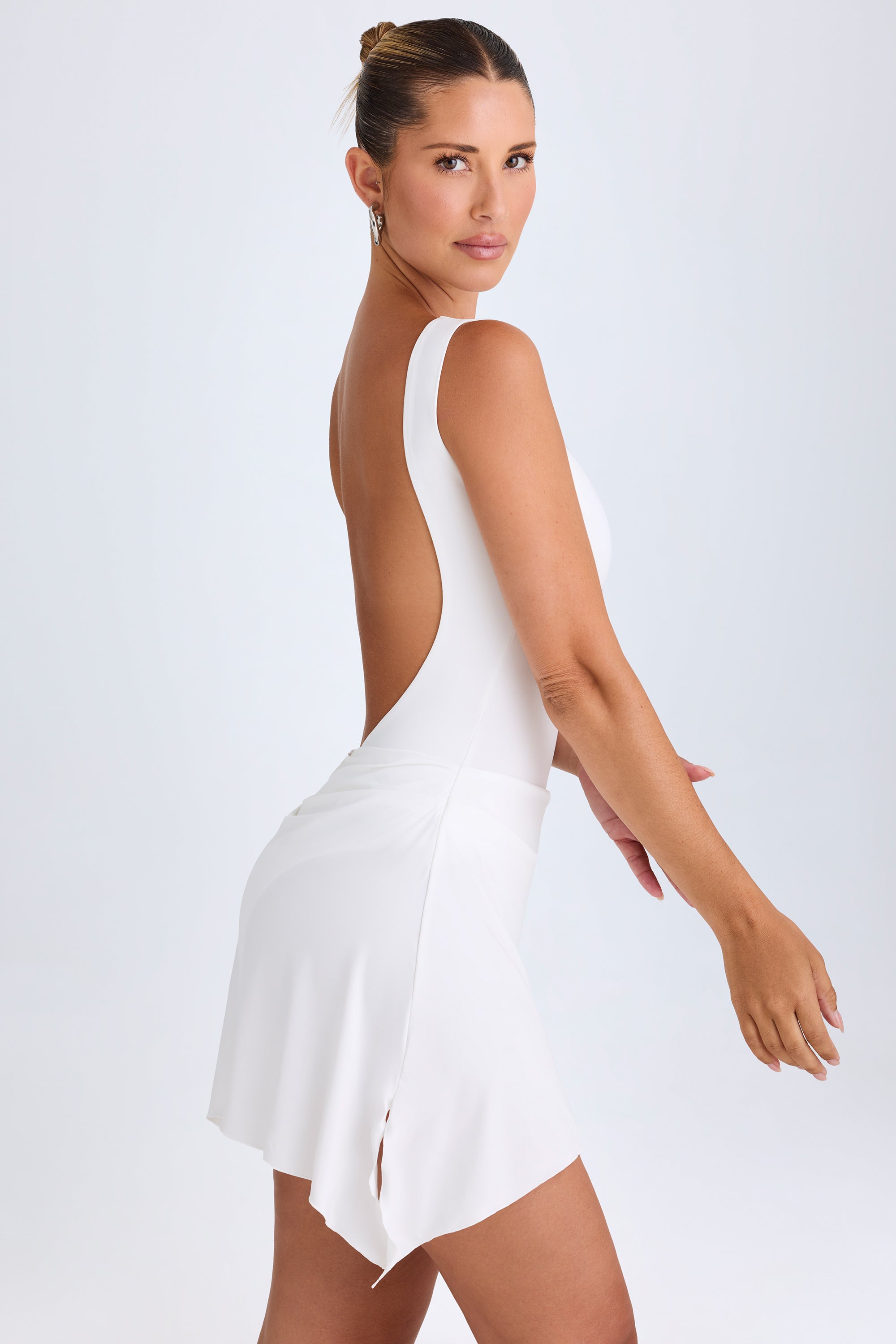 Draped Open-Back Mini Dress in White、mySite、solidvoid