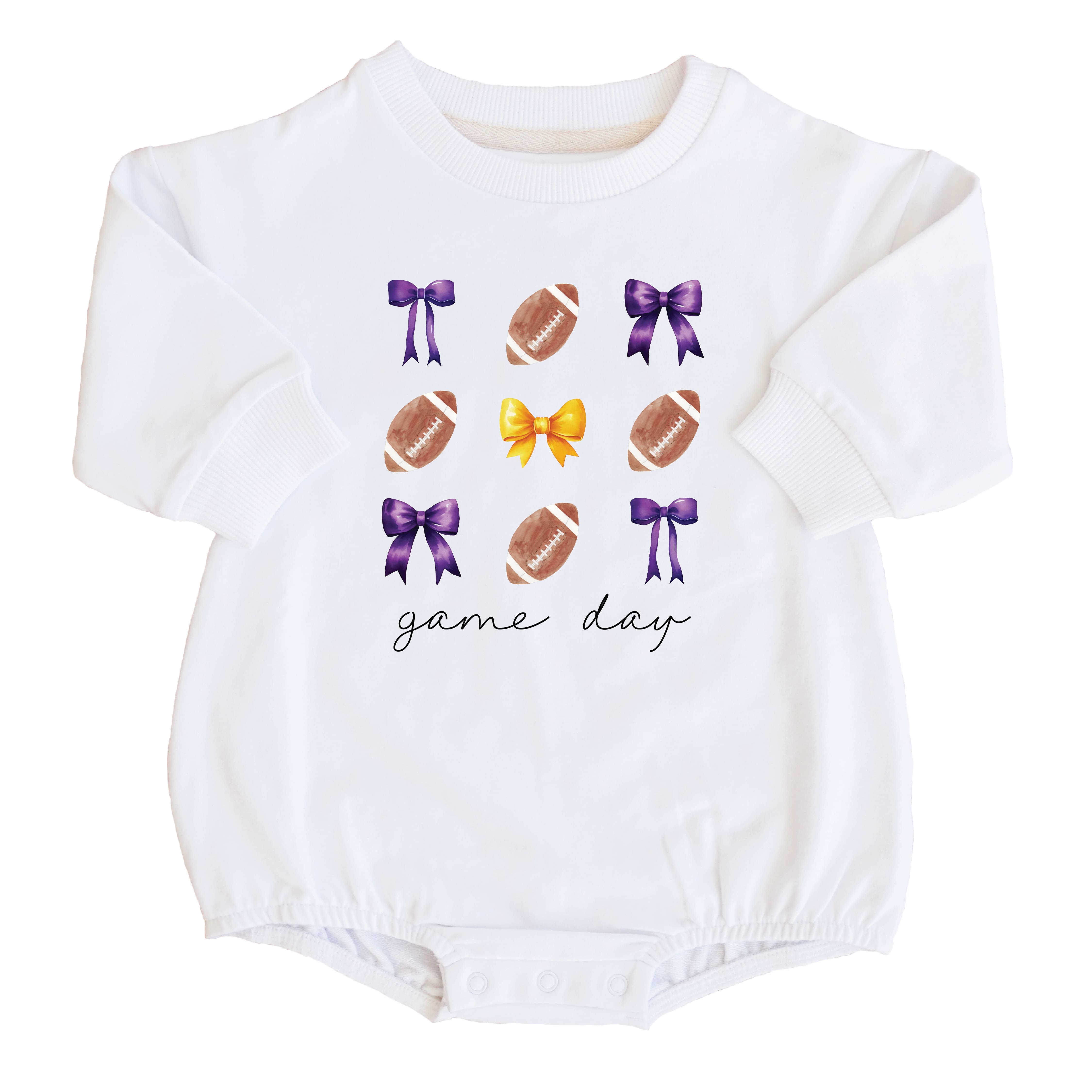  Louisiana State University | Footballs & Bows Graphic Sweatshirt Bubble Romper、mySite、layawaytickets