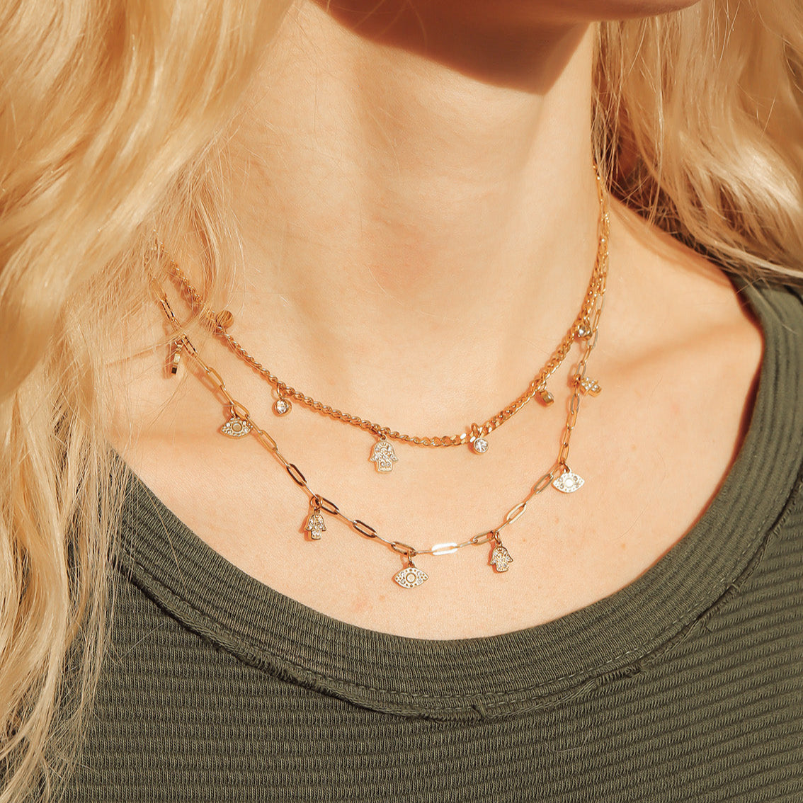 18K Gold PVD Hamsa & Evil Eye Convertible Charm Necklace / CHN0068、mySite、dreamappss