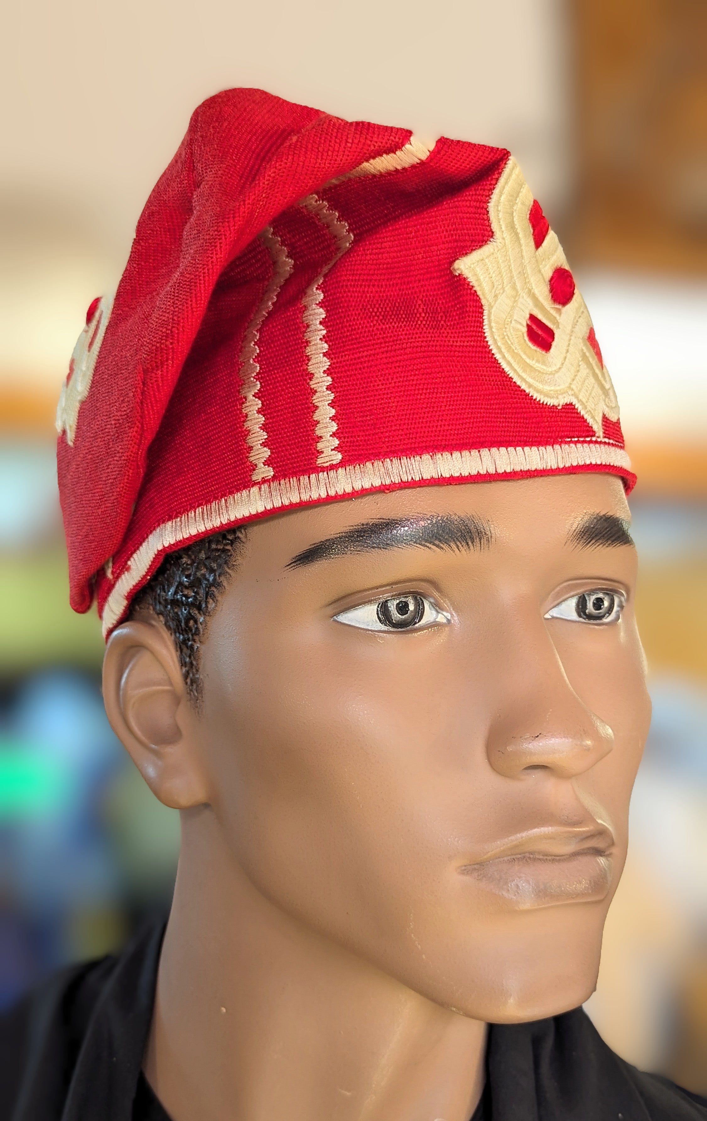 Dupsie's Adeagbo Royal Red Nigerian African Beige Cream Embroidered Aso Oke Handwoven Fila Kufi Cap Hat DPHARCB30、mySite、solidvoid
