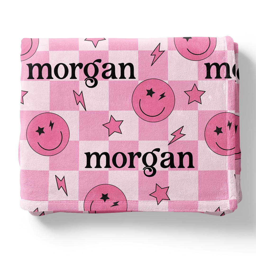  Smiley Face Check Personalized Kids Blanket | Pink、mySite、layawaytickets