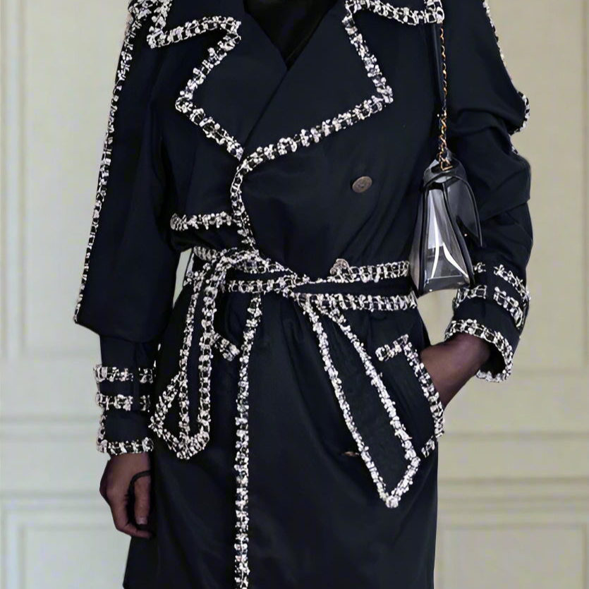 Chanel Vintage Black Trench Coat with Tweed and Chain-Link Trim Rare、mySite、garminoutage.com