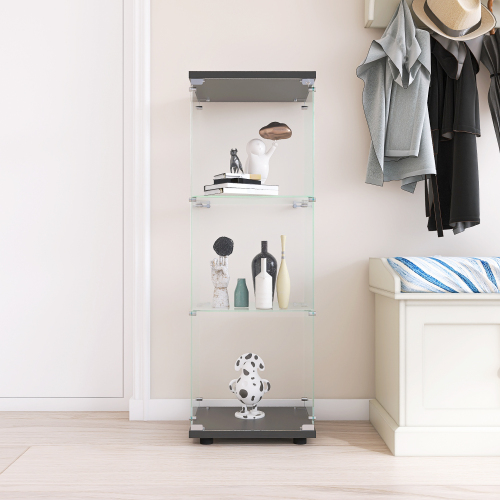 Glass Display Cabinet with 3 Shelves, One-Door Curio Cabinets for Living Room, Bedroom, Office, Black Floor Standing Glass Bookshelf, Quick Installation、、casual